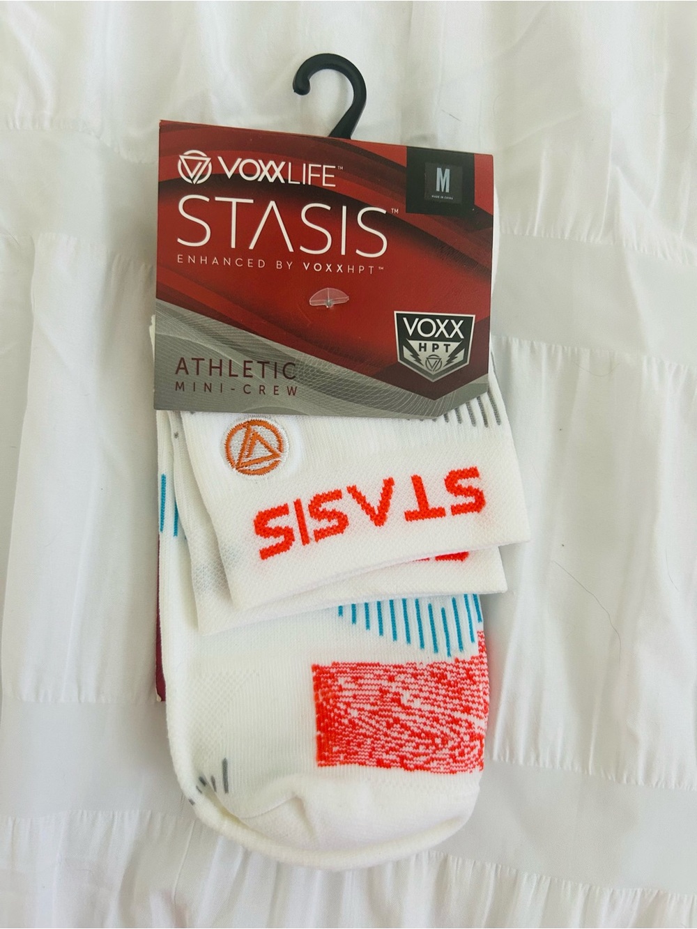 VoxxLife Stasis Men's Athletic Mini-Crew Socks - White with Red Accents